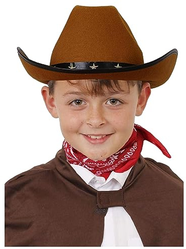 Childs Brown Studded Cowboy Hat - Pack of 1 - Brown Cow Boy Hat With Silver Star Studs - Boys Girls Sheriff Cowgirl Western Fancy Dress Costume Accessory