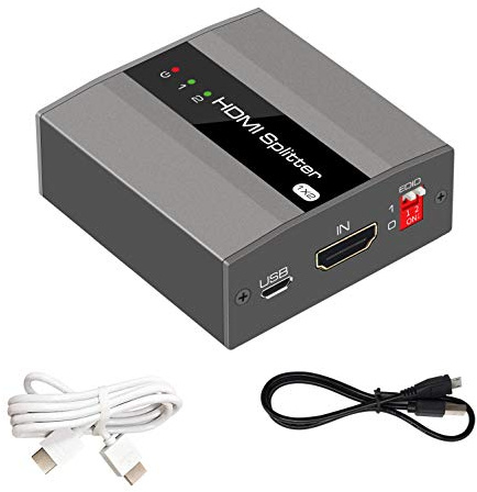2-vägs ut HDMI-omkopplare, KUYiA HDMI-splitter 4K 1 i 2 ut med EDID-stöd 3D 1080P HDCP1.4, HDMI 1 till 2 samma skärmadapter med mikro USB-kabel ström