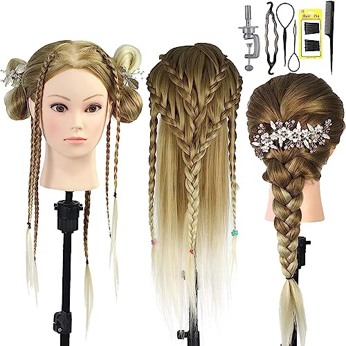 Neverland Beauty Styling Head Training Head - 26 inch Doll Head for Hairdressers, Cosmetology Mannequin Head with Eyelashes, Table Clamp Holder, Braid Set