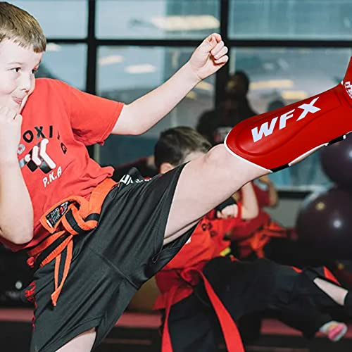 Kids Shin Instep Pads MMA Leg Foot Guards Junior Muay Thai Kick Boxing Boys and Girl Guard Protector (Red)