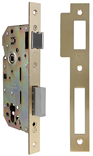 Amig - Cerradura de Embutir para Puertas de Madera - Con Paletón de Cierre - Frente y Soporte en Canto Cuadrado - Entrada de 50 mm - Picaporte reversible - Acero - Dorado - 240 mm