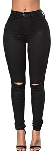 Femme Pantalon Taille Elastique Ripped Jean Dechiree Destroy Troué A Trou Pantalons en Denim Troué Stretch Haute Slim Jeans Déchiré Skinny Crayon Rétro Bleu Clair Pant (Noir 1,M,M)