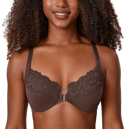 DELIMIRA Kvinnors Främre Stängning Plus Size Full Täckning Spets Bygel Racerback Bh Hasselnöt 80E