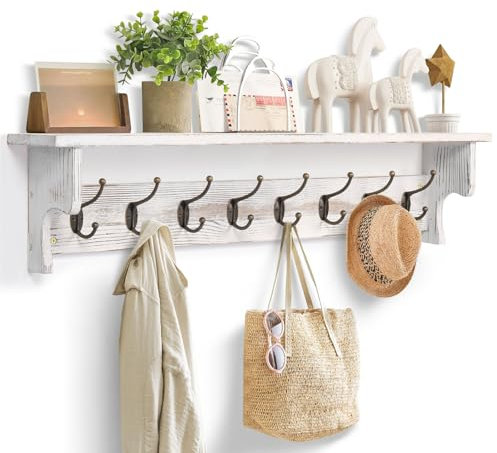 Bekrvio Garderobenständer-Wandhalterung mit Ablage, rustikales hölzernes Eingangsregal mit 5 Kleiderhaken, im Landhausstil montiertes schwebendes Wandhakenregal (66cm-L)
