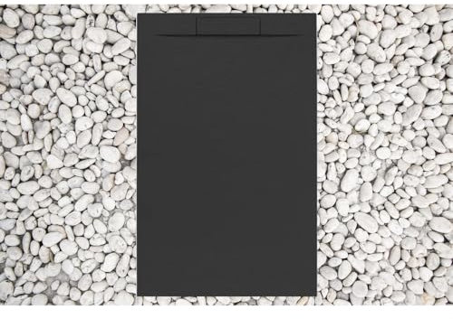 Plato de ducha 80 x 140 cm Negro Line Plus de resina y polvo de mármol con rejilla lateral de mármol