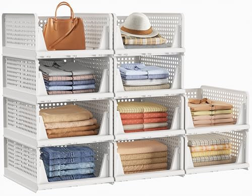 Wardrobe Storage Organiser Storage Baskets, 10 Pack Folding Storage Boxes, Stackable Storage Drawers Clothes Storage, Plastic Cupboard Organiser Shelves for Bedroom Wardrobe Bathroom