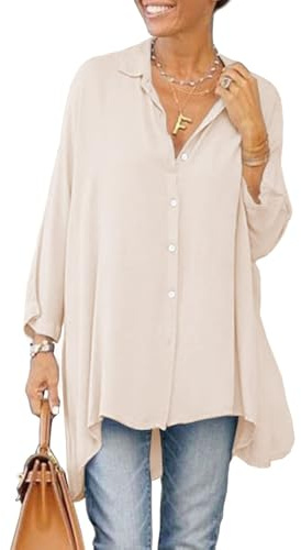 Cicy Bell Camicetta da donna, oversize, a maniche lunghe, con bottoni, scollo a V, in raso, elegante, tinta unita, casual, beige., XL