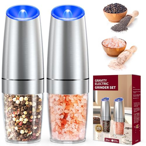 Set di macinapepe e sale elettrico a gravità, in acciaio inox, con grande capacità, automatico, alimentato a batteria, luce LED blu, grana regolabile, funzionamento con una sola mano, confezione da 2