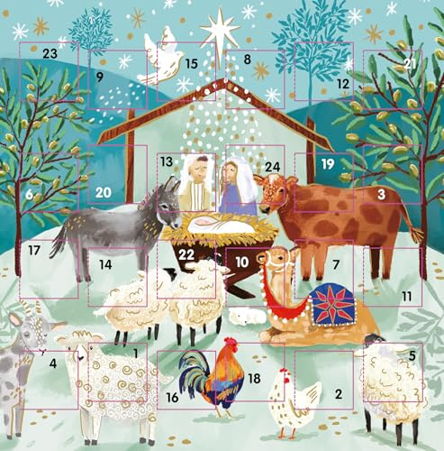 Countdown to Christmas - 24 Door - Festive Mini (6.5 x 6.5) Advent Calendar Gift Card with Envelope by Ling Design (Nativity Scene)