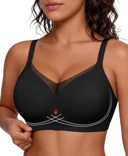 Popilush Full Coverage Bras for Women Wireless Push Up Tshirt Bra Mesh Comfortable Bralettes with Support and Lift Black