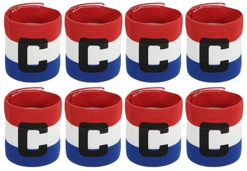 QUARKZMAN Fotboll kaptensbindel kaptensbindel för fotboll elastisk kapten C armband sport kaptensbindor för fotbollslag träning ungdomar och vuxna blå/vit/röd förpackning med 8 stycken