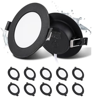 10 Pack LED infällda spotlights 230V Svarta 5W 3000K 450LM Hål: Ø75–90mm | Grebeam LED Downlight Platt IP44 ultratunn 25mm, varmvit 3000K, svarta takspotlights för kök och sovrum