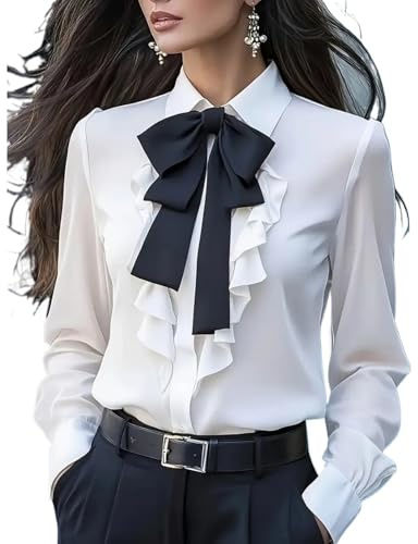 WINDEHAO Camicette da donna con fiocco, stile vintage, a maniche lunghe, con volant, casual, da smoking, da lavoro, bianco, XL