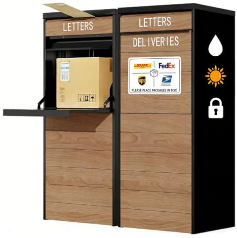 Package Delivery Box for Outside, 41.7’’ Large Anti-Theft & Waterproof Outdoor Parcel Drop Box with Woodgrain Finish, Heavy Duty Steel Locking Mailbox for Porch, Yard, Home