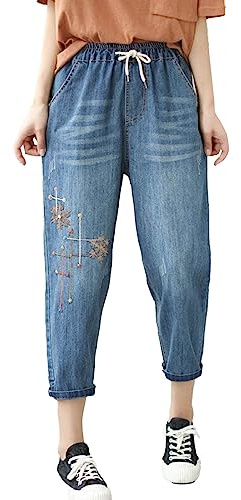 Jeans estivi da donna, leggeri, 7/8, pantaloni capri da donna, estivi, jeans larghi, a vita alta, in denim, con stampa, effetto jeans, eleganti, a 3/4, giallo., S