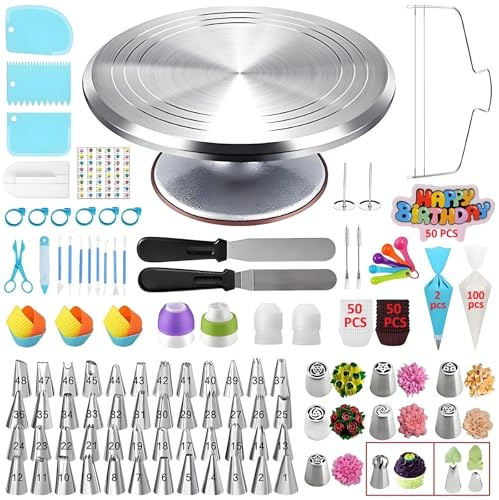 YOQXHY 357 Pcs Cake Decorating Kit,Baking Supplies Tools with Aluminium Cake Turntable,Leveler,50 Icing Tips,8 Russian+Ball Tips,2 Spatulas,3 Scrapers,102 Pastry Bags,109 Cupcake Liners & More