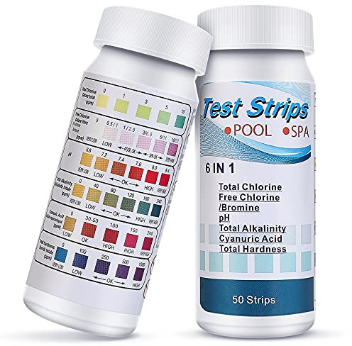 XULIN 100 Pcs Hot Tub PH Test Strips,6 in 1 Test Strips Kit-Swimming Pool Spa Chemicals Test Strips for Rapid Measurement of Residual Chlorine in Water PH Total Hardness Alkalinity for Hot Tubs