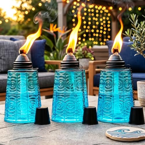 Seraphic Antorchas de mesa de citronela para patio al aire libre, antorcha de cristal decorativa de 16 onzas, velas de citronela para terraza exterior, jardín, fiestas, juego de 3, azul
