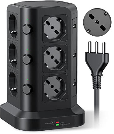 KOOSLA Ciabatta Elettrica con 12 Prese Universali ITA 10/16A e Schuko e 6 slot USB-A(4000W/16A), Multipresa verticale protezione sovratensione con 3 interruttori indipendenti, 2M Cavo, Nero