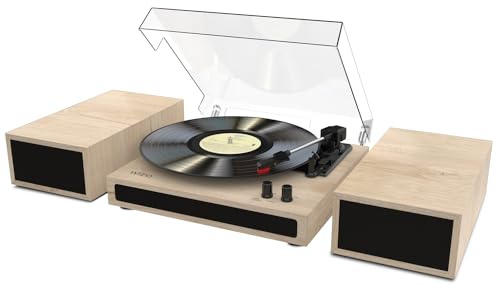 Wiibo Mustang 1970-BT Natural - Vinyl skivtallrik med högtalare och Bluetooth - Retro design - RCA-utgångar för högtalare - Val av hastigheter 33/45/78 RPM - Keramiska kapsel