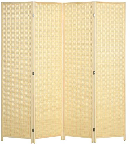 HOMCOM Biombo de 4 Paneles Plegable 180x180 cm Separador de Ambientes Divisor de Habitación Tejido a Mano de Bambú e Hilo de Algodón Decoración Elegante para Salón Natural