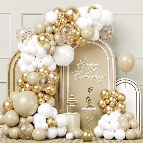 White Gold Balloon Arch Kit, 103pcs White Sand Gold Balloon Garland with Beige Balloons for Birthday Party Decoration Boho Wedding Anniversary Baby Shower Engagement Gender Reveal Bridal Shower Decor