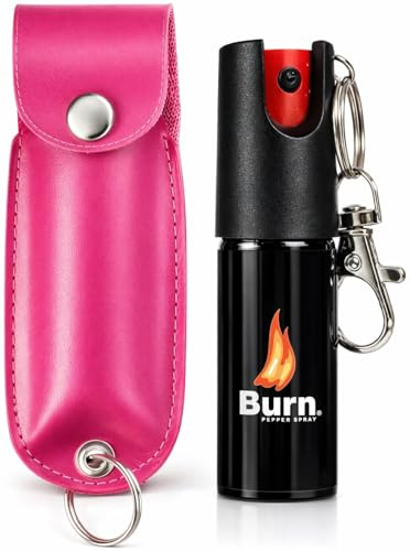 Burn Pepper Spray Keychain 0.50 fl oz – Maximum Police Strength OC Spray with UV Dye, Safety Lock & Pink Holster for Women & Men Self Defense