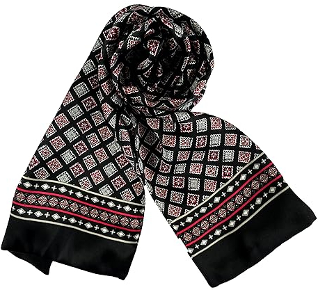 JWSilk Charmeuse Langer Seidenschal für Herren, schwarze und rote Quadrate, 63 x 10 Zoll, schwarz, rot, 63x10