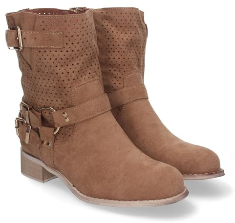 82476-Botines de Mujer con Tacon Bajo y Adornos de Hebillas, Estilo Casual, Cana Calada, Cremallera Lateral, Punta Redonda, Toda Ocasion. Talla 38 Camel