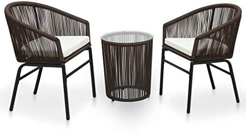 LAPOOH 3-TLG. Bistro-set med kudde, bistrobord med 2 stolar, trädgårdsset bord och stolar, balkongbord små, bistroset, PVC rotting, brun
