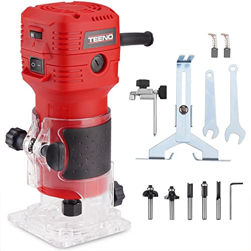 TEENO Fresadora De Madera Rebajadora Eléctrica 650W 15000-32000 RPM CON EXTRACTOR DE POLVO, 6 Velocidades Variables, 5 piezas Alicates de 1/4'',Pinza De Base Fija De 6/6.35MM