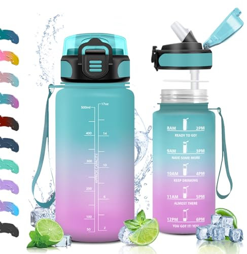 Vikaster Borracce, 0.5 litro Borraccia Bambini con Cannuccia, Borracce Senza BPA & Prova di Perdite, Borraccia Sportiva per Bambini Scuola, Bici, Palestra, Yoga, Ufficio, Trekking, Outdoor