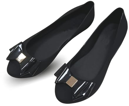 Womens Black Jelly Shoes with Bow - Ladies Comfy Slip-On Flats Casual Wear Every-Day Jelly Ballet Ballerina Pumps, 7 UK