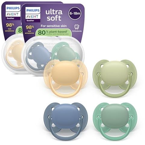 Philips Avent ultra soft-nappar – ortodontisk design, för bebisar 6–18 månader, flexibel sköld, symmetrisk silikonnapp, BPA-fri, 2 steriliseringsfodral, 4-pack, SCF091/53
