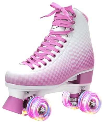 LKD Adjustable Roller Skates for Women & Men – Comfortable Quad Skates with Half-Size Adjustment, Velvet Lining, Reinforced Heel – Custom Color Options-Pink-5-6 Size