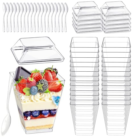 Holtrae 40 Piezas 5oz/160ml Vasitos para postres con Cucharas,Vasos de postre cuadrados reutilizables,Tazas de postre de plástico Vasitos,Para postres familiares,Pudines,Helado,Mousse,Bodas,Cumpleaños