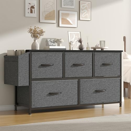 Feonase Fabric 5 Drawer Storage Cabinet with Side Pocket – Wide Dresser Chest for Bedroom, Hallway, Nursery & Closet, Metal Frame & Wood Top, Lightweight Storage Unit Deep Grey