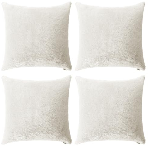 Thmyo 4-Pack Super Soft Fluffy Faux Fur Cushion Covers 45x45 cm Cream White | Comfortable Plush Square Throw Pillow Cases Decorative Pillowcases for Sofa Bed Couch Living Room Home Decoration