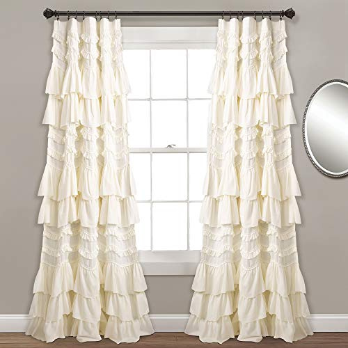 Lush Decor Kemmy Light Filtering Window Curtain Panel Single 52 W x 84 L Ivory - Drapes - Ruffled Curtains for Bedroom - Cream Curtains - Coquette Decor