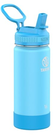 Takeya Actives Kids Insulated Stainless Steel Kids Water Bottle with Straw Lid, 16 Ounce, Sail Blue/Atlantic