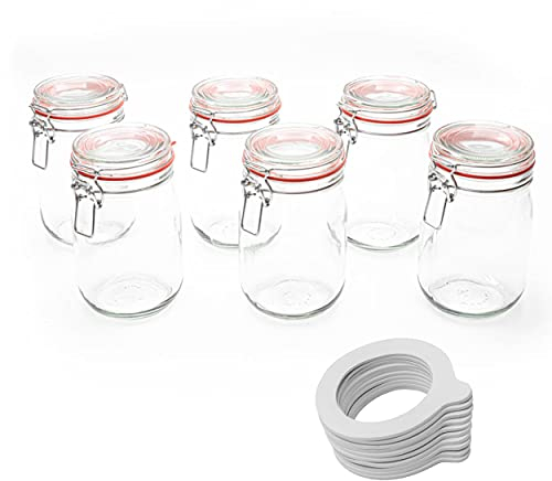 Flaschenbauer - 6-teiliges Set Drahtbügel-Vorratsgläser 1140ml, geeignet als Einmach- und Fermentierglas, zur Aufbewahrung, zum Befüllen, inklusive Etiketten, Gläser mit Drahtbügel - Made in Germany