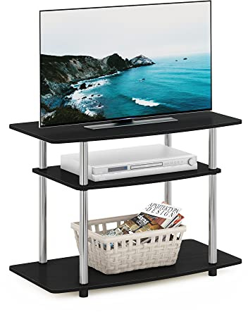 Furinno TURN-N-TUBE TV Stand, 3-Tier No Tools Entertainment Center, TV Console for TV up to 32 Inch, for Living Room, Bedroom, Americano/Stainless Steel Tubes