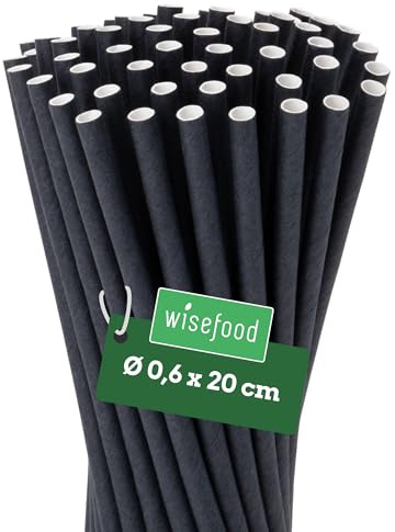 Wisefood Papperssugrör – 1 000 stycken sugrör av papper svart Ø 6 mm 20 cm – fria från PLA/PE – biologiskt nedbrytbara engångssugrör av robust kraftpapper