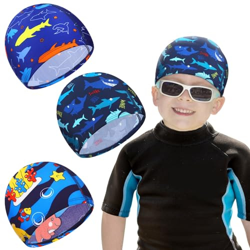 Geyoga Kids Swim Caps 3 Pieces Bathing Swimming Hats Unisex Polyester Bathing Pool Cap Summer Swim Caps for Boys Girls Long Short Hair(Shark, Dolphin)