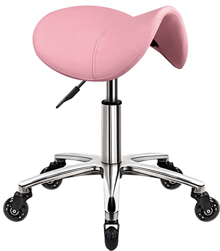 WKWKER Sattelhocker auf Rädern Drehstuhl Verstellbarer Hocker Dicker Ledersitz Schönheitshocker Stuhl für Küche Hocker Zeichnen Labor Büro Massagehocker Rosa