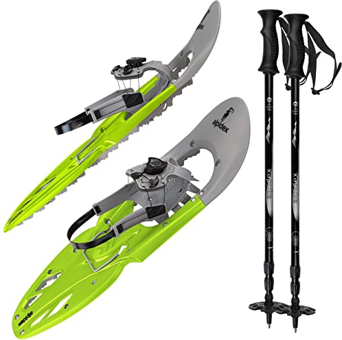 ALPIDEX Ciaspole Racchette Neve con Bastoncini Chiusura Rapida Alzatacco Misura 38-46 fino a 140 kg Borsa Trasporto Bastoni Telescopici, Colore:lime green, Taglia:29 Inch