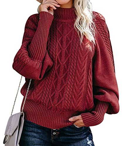 Pull Col Roulé Femme Hiver Pull Oversize Grosse Maille Ample Jacquard Manche Longue Large Femme Col Roule Grande Taille Pulls Tricoté Vintage Gros Pull Tricot Torsade Personnalisable Femme Rouge L