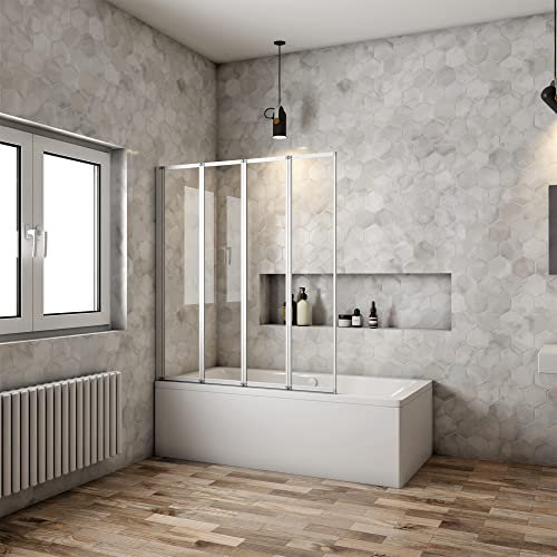 Mampara Ducha para Bañera - 4 Hojas Plegables - Vidrio Templado 4mm - Perfil Blanco/Gris Mate - (890-900) X1400mm