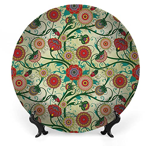 LIGUTARS Decorative Plates, Floral Print Ornament, Vintage Flower Arrangement Colorful Pattern Nature, 10 Inch, 1 Plate with 1 Display Stand, Multicolor