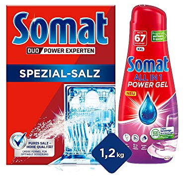SOMAT Duo Power Gel 58 AW Excellence (67 Spülgänge) für Eco-Programm & bei niedrigen Temperaturen & SOMAT 5in1 Spezial-Salz 1,2 kg